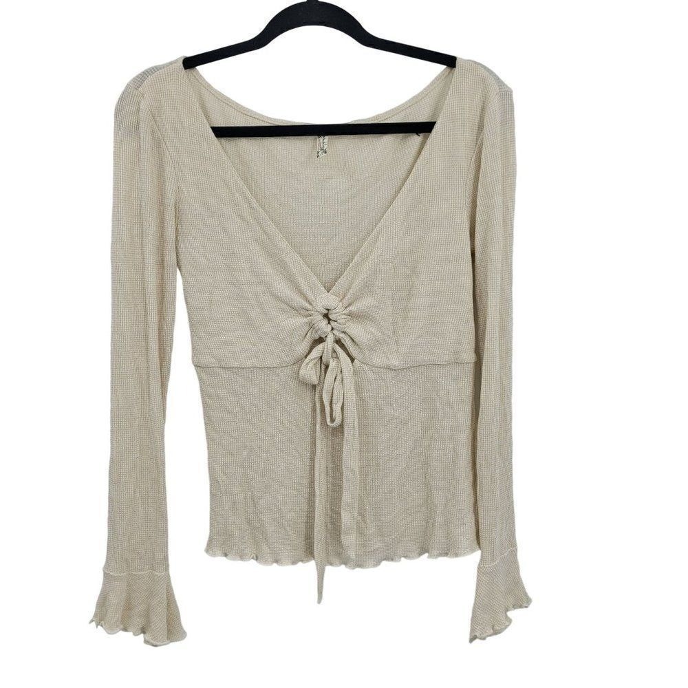 Y2K Free People Knotted Waffle Knit Top Sz M Cream Gold Shimmer Cutout Bell Boho
